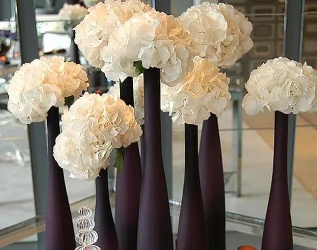 White hydrangeas in tall aubergine glass vases