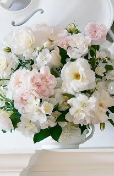 White and blush roses arranged in a white jug